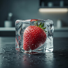 strawberry in ice, frozen strawberry, fresh strawberry, strawberry ice cube, fruit frozen in ice