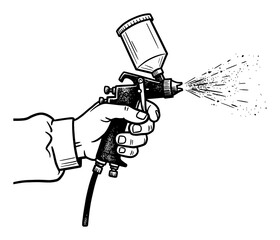 Fototapeta premium Hand Holding Black and White Spray Gun Spraying Paint Simple Style Black and White Outline Line Art Drawing