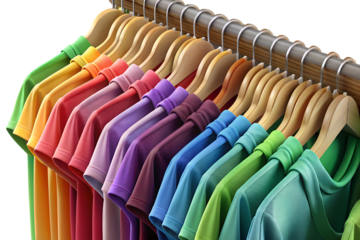 Colorful t shirts hanging on a clothes rack in a rainbow of colors