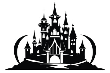 Black Silhouette Illustration of a Fantasy Castle with Crescent Moon and Hill Base