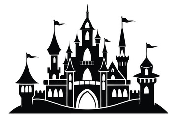 Obraz premium Silhouette of a Fantasy Castle with Towers and Flags, Fairytale Kingdom Art