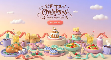 Whimsical christmas celebration with festive treats and sweet desserts on a gradient sky background