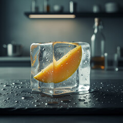 mango slice in ice, frozen mango slice, fresh mango slice, mango slice ice cube, fruit frozen in ice, mango slice macro, frozen fruit, mango slice freshness, ice cube with mango slice