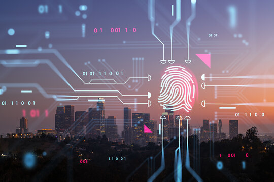 Los Angeles skyline with digital fingerprint hologram, at dusk. Double exposure. Technology and security concept