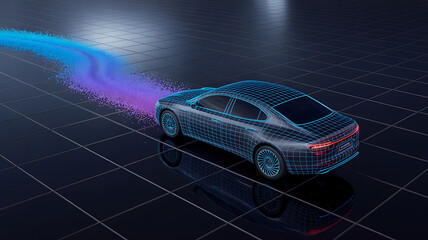 Fast, new blue sports car speeding across a world map