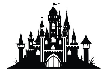 Black Silhouette of a Fantasy Castle with Towers, Turrets, and a Flag Waving
