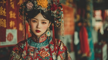 Fototapeta premium Portrait of a graceful woman embodying traditional Chinese elegance and beauty