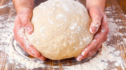 Hands holding fresh, floured dough ball on a wooden table. Homemade bread preparation for baking.