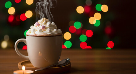 Steaming Hot Chocolate with Marshmallows and Whipped Cream in a Festive Setting