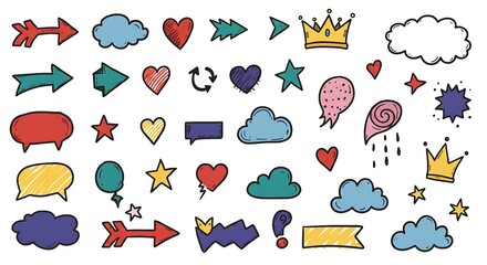 Colorful Hand-Drawn Doodle Set: Arrows, Hearts, Clouds, Crowns, and Stars