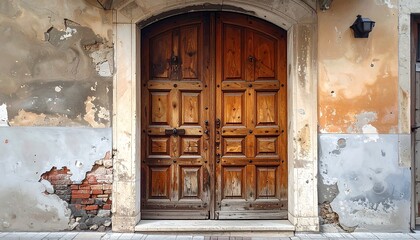 A weathered wooden door with a paneled design, set within a crumbling, aged facade.