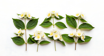 Six sprigs of jasmine with white blossoms and green leaves arranged on a clean, white background in a flat lay composition.