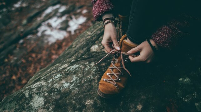 Close-up of hands tying shoelaces on hiking boots.