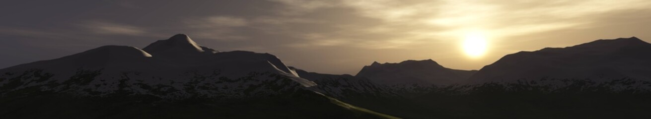 Mountain silhouettes, mountain sunsets, mountain panoramas, sunrise panoramas, mountain landscapes, 3D rendering