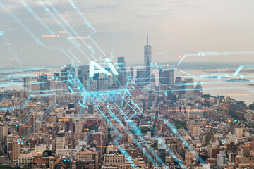 Aerial view of New York City merged with a holographic AI interface, with cityscape, skyline, and water body in the background. Double exposure concept. Double exposure
