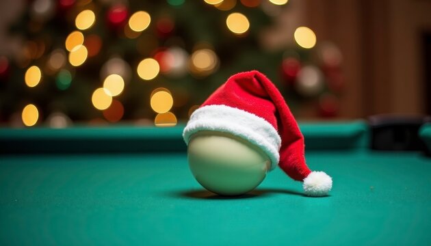 billiard ball wearing a Santa hat lies on a pool table, surrounded by Christmas lights. space for text