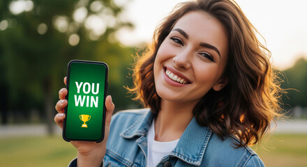 Happy young woman holding smartphone, inscription "YOU WIN" on smartphone screen. Concept of gambling addiction, online fraud, fake casino, winnings, online casino