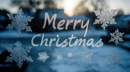 The text "Merry Christmas" and large decorative snowflakes drawn on a frosty, cold glass window with blue light and a blurred background.
