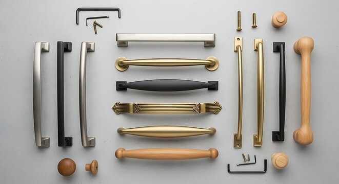 Assortment of cabinet and drawer pulls and handles in various styles and materials.
