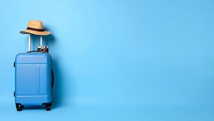 Ready for Vacation Packing Suitcase with Hat and Camera on Blue Background