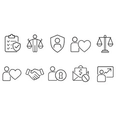 Business ethics icon set. Compliance, fairness, integrity, loyalty, trust, equality, code of conduct, honesty, anti-corruption, 
transparency vector