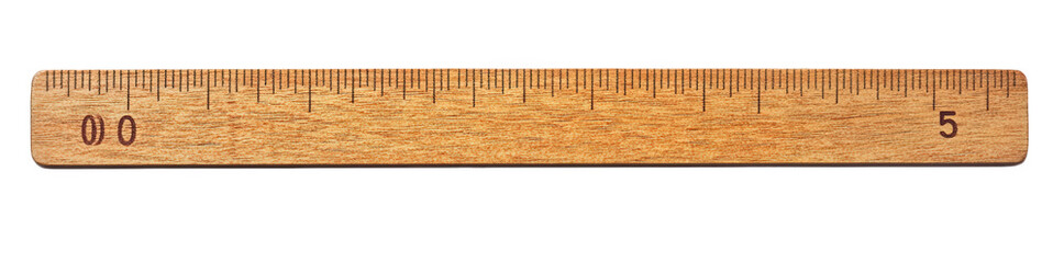 Close up of a wooden ruler with metric and imperial units isolated on transparent background