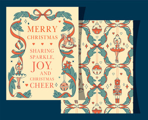Nutcracker-inspired Christmas frame with ballerina and ornaments. Vintage holiday greeting card in vertical 8.5x11 format for festive celebration.