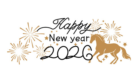 2026 new year illustration. Chinese new year decoration with 2026, zodiac, a horse. New year banner. Vector illustration.