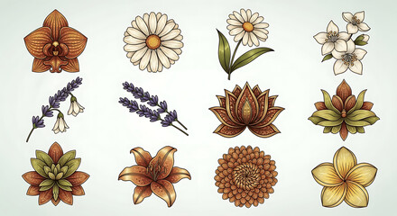 Collection of twelve meticulously drawn floral illustrations, showcasing diverse blooms in warm color palettes.