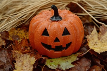 An autumnal pumpkin sits amongst fallen leaves, adorned with water droplets.