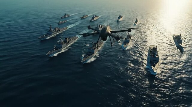 Advanced Drone Surveillance Overseeing Naval Fleet Formation on Open Ocean at Sunrise