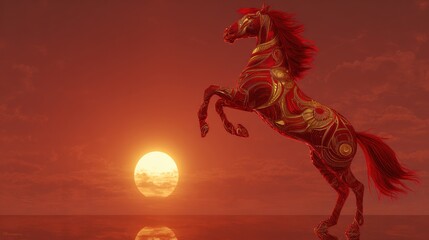 A red decorative fantasy-style horse sculpture with ornate patterns rears up against a glowing sunset and a reflective horizon. Greeting card, copy space