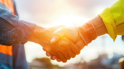 Professional handshake between two workers in safety gear, symbolizing partnership and agreement with sun flare