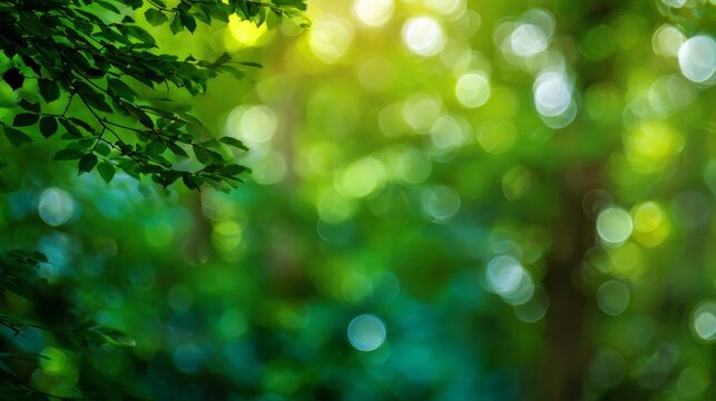 a serene landscape of a tranquil forest with vibrant green foliage, featuring a close up view of blurred bokeh light, suggesting a peaceful and undisturbed setting