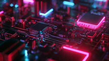 a close up view of a complex electronic circuit board within an intricate arrangement of red neon lights, conveying a modern technological theme with a touch of futuristic ambiance