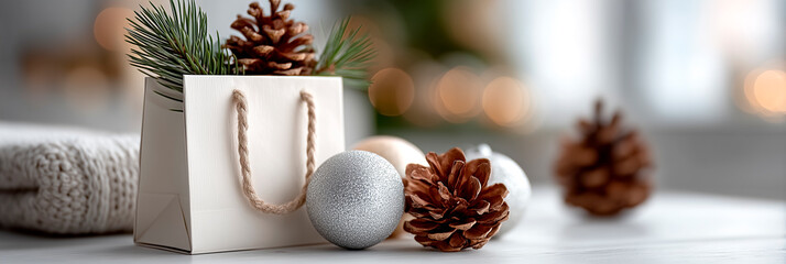 A white gift bag sits beside pinecones, silver ornament, and sprigs for a cozy, festive holiday tabletop scene.