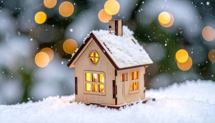 Cozy Miniature House in Winter Snow with Bokeh Lights.