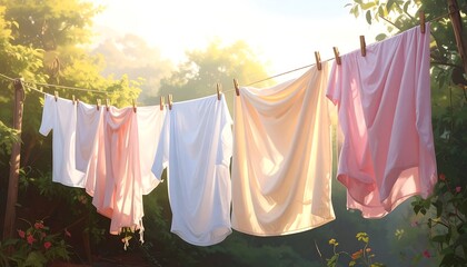 Pastel-colored clothes drying gently on a clothesline outdoors under a soft morning light.