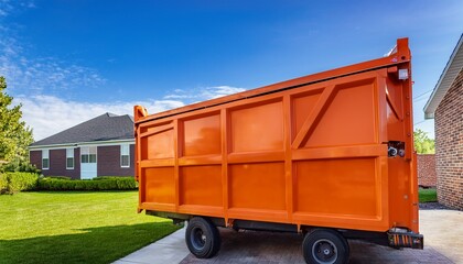 large orange roll off dumpster is parked on paved driveway in front of modern brick house clear blue sky and lush green lawn create vibrant backdrop adding cheerful atmosphere to scene