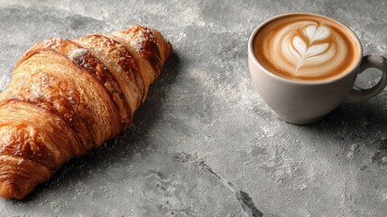 Freshly Baked Croissant Next to a Cup of Latte on Gray Surface
