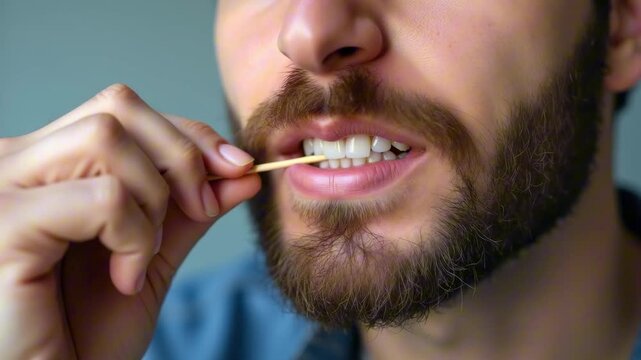 Man using thin toothpick to clean spaces between teeth for daily oral care routine