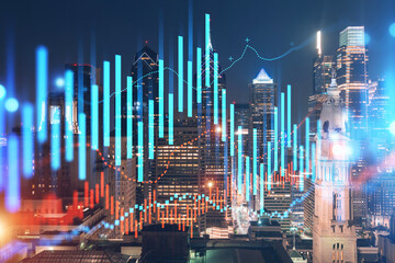 Skyscrapers Cityscape Downtown View, Philadelphia Skyline Buildings. Beautiful Real Estate. Night time. Forex Financial graph and chart hologram. Business education concept.