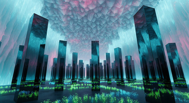 Reflective Mirror Monoliths Standing in Glowing Ice Cave on an Alien Planet