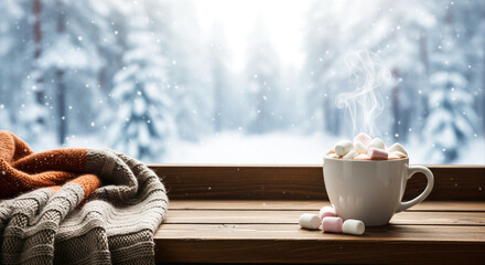 Cozy Hot Chocolate with Marshmallows on a Window Sill in a Snowy Winter Scene