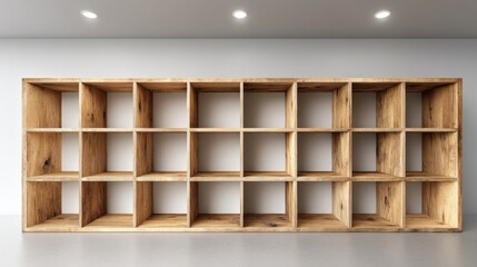 Modern Wooden Bookshelf Featuring Clean Lines and a Minimalist Design Against a White Wall