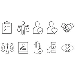 Business ethics icon set. Compliance, fairness, integrity, loyalty, trust, equality, code of conduct, honesty, anti-corruption, 
transparency vector