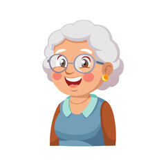 A cheerful elderly woman depicted as a senior lady avatar beams with a smile This grandmother sporting glasses and silver hair is brought to life in a cartoon 2d illustration showcasing a ch See Less
