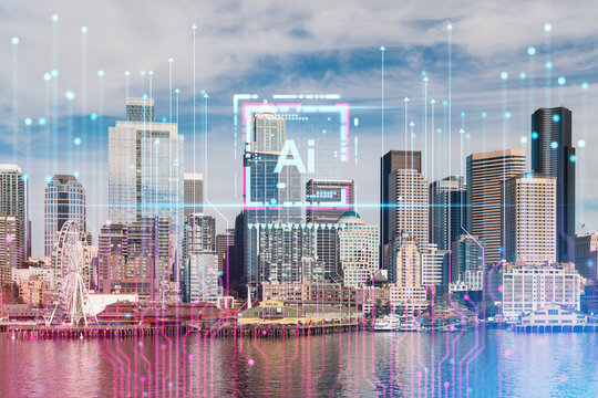 Seattle cityscape with digital holographic overlays, representing AI and future technology concepts. Double exposure