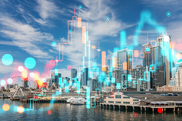 Seattle cityscape overlaid with futuristic holographic elements, representing a concept of technology and security against an urban background. Double exposure