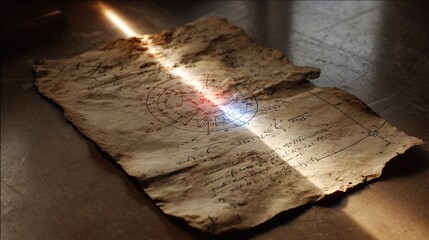 Vintage cracked parchment with a forgotten chemical diagram, illuminated by a validating beam of light.